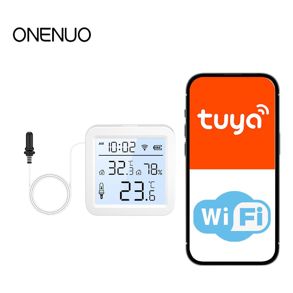 Tuya Smart - เซ็นเซอร์วัดอุณหภูมิและความชื้นแบบ WiFi พร้อมหัววัดภายนอก ใช้ได้ทั้งภายใน/ภายนอกอาคาร เทอร์โมมิเตอร์อัจฉริยะ Tuya